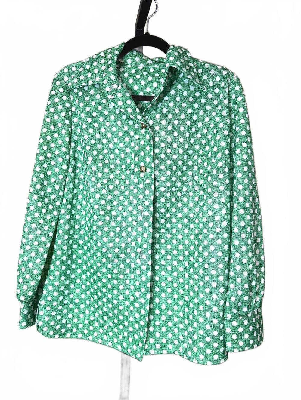 70s Heavy Polyester Medium Green and White Polka Dot Button-Up Shirt